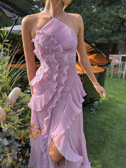 Rüschen-One-Shoulder-Midikleid für Damen mit asymmetrischem Saum