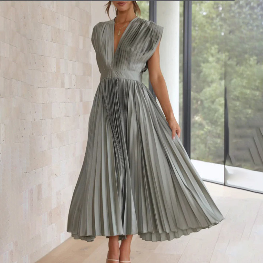Plissiertes Chiffon-Midikleid für Damen mit tiefem V-Ausschnitt