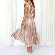 Plissiertes Chiffon-Midikleid für Damen mit tiefem V-Ausschnitt