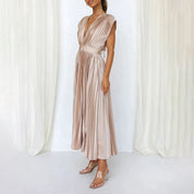 Plissiertes Chiffon-Midikleid für Damen mit tiefem V-Ausschnitt
