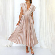 Plissiertes Chiffon-Midikleid für Damen mit tiefem V-Ausschnitt