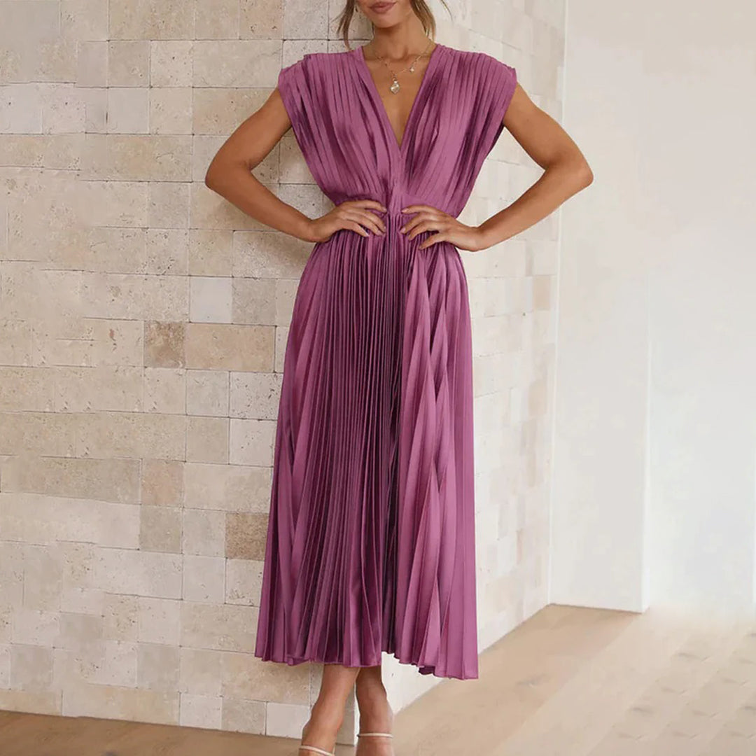 Plissiertes Chiffon-Midikleid für Damen mit tiefem V-Ausschnitt