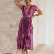Plissiertes Chiffon-Midikleid für Damen mit tiefem V-Ausschnitt