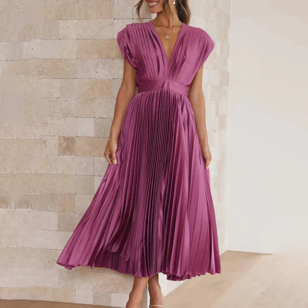 Plissiertes Chiffon-Midikleid für Damen mit tiefem V-Ausschnitt