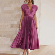 Plissiertes Chiffon-Midikleid für Damen mit tiefem V-Ausschnitt