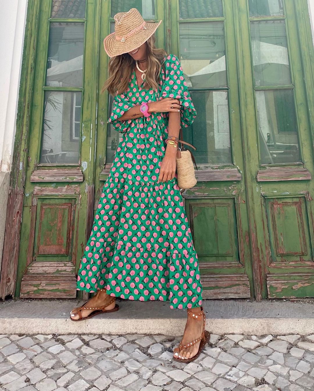 Boho-Maxikleid für Damen mit Blumenmuster, Puffärmeln und Stufensrock