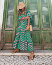 Boho-Maxikleid für Damen mit Blumenmuster, Puffärmeln und Stufensrock