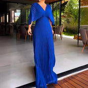 Plissiertes Chiffon-Maxikleid für Damen mit V-Ausschnitt und Fledermausärmeln