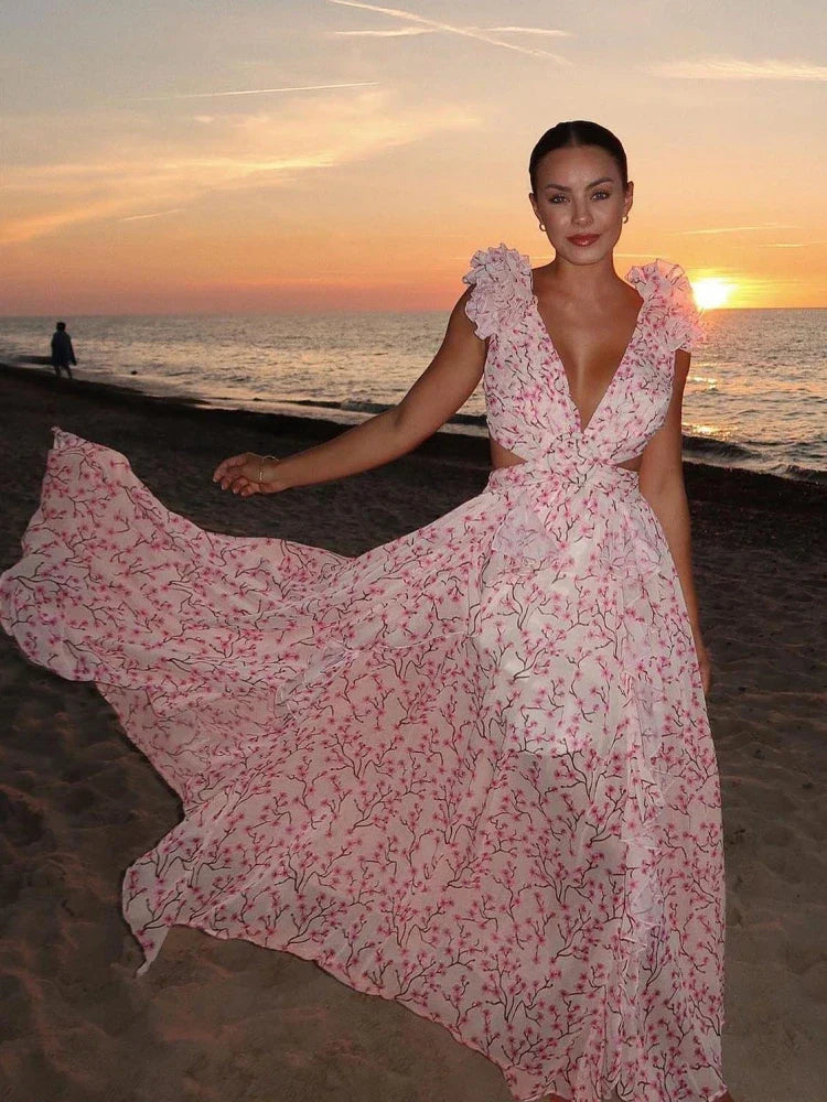 Rückenfreies Maxikleid für Damen mit Rüschen und Blumenmuster