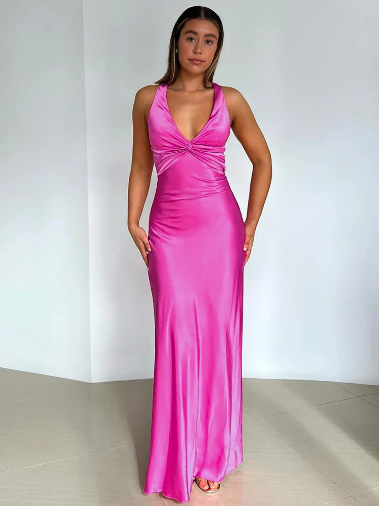 Satin Maxikleid für Damen mit Neckholder-Ausschnitt und ohne Ärmel