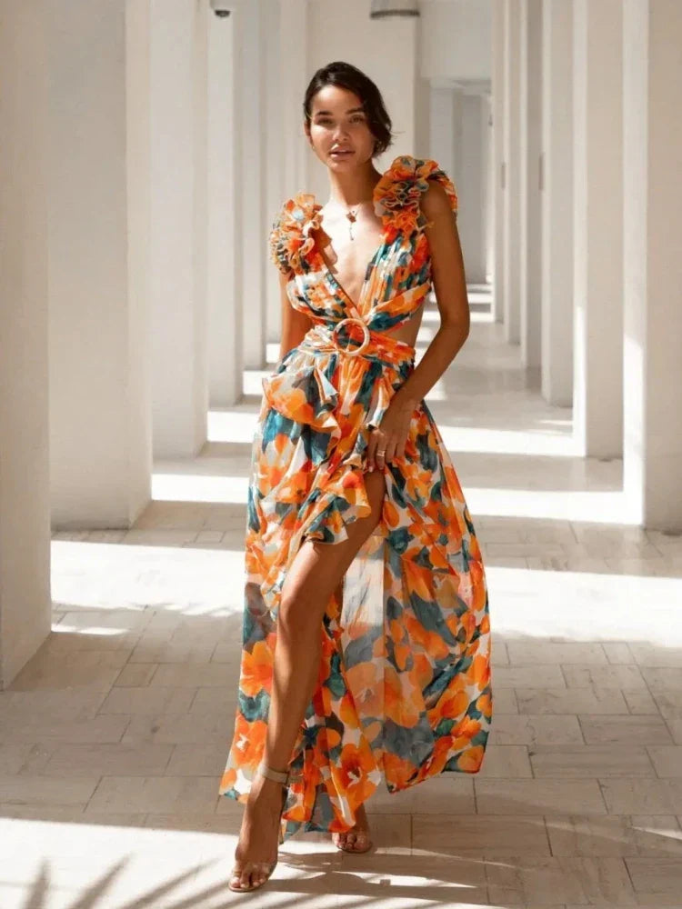 Rückenfreies Maxikleid für Damen mit Rüschen und Blumenmuster