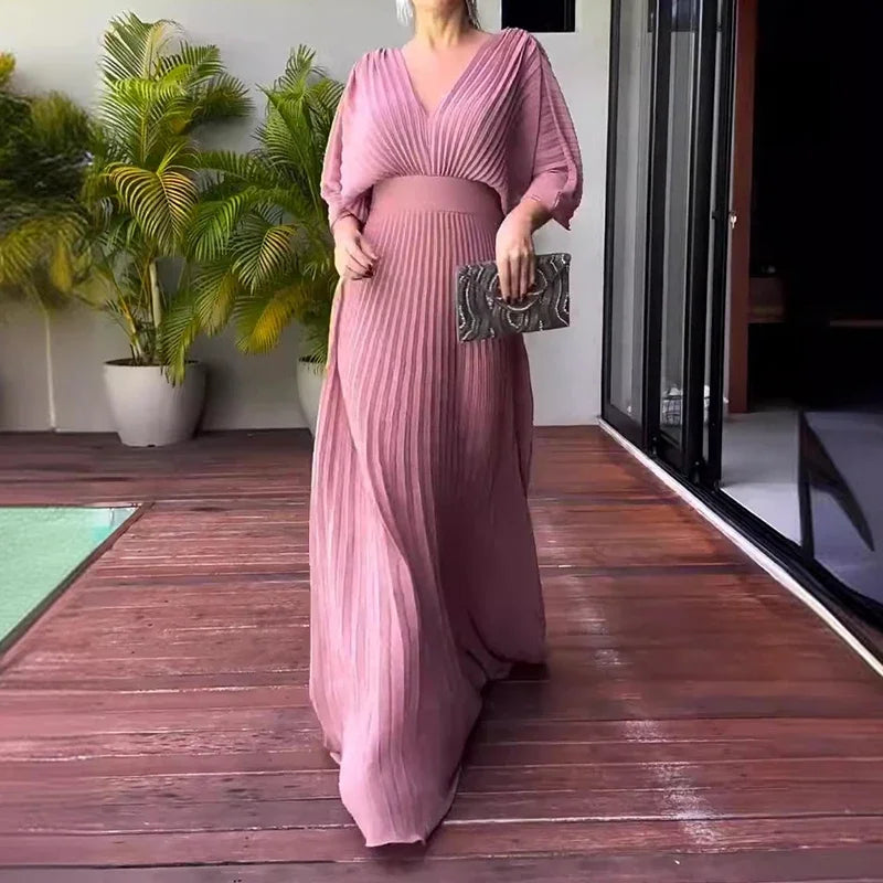 Plissiertes Chiffon-Maxikleid für Damen mit V-Ausschnitt und Fledermausärmeln