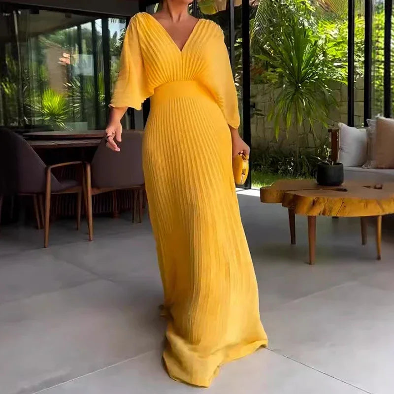 Plissiertes Chiffon-Maxikleid für Damen mit V-Ausschnitt und Fledermausärmeln