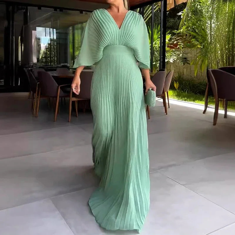 Plissiertes Chiffon-Maxikleid für Damen mit V-Ausschnitt und Fledermausärmeln