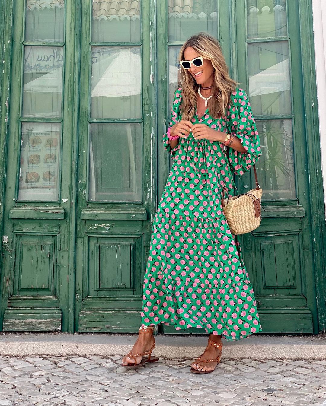 Boho-Maxikleid für Damen mit Blumenmuster, Puffärmeln und Stufensrock