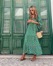 Boho-Maxikleid für Damen mit Blumenmuster, Puffärmeln und Stufensrock