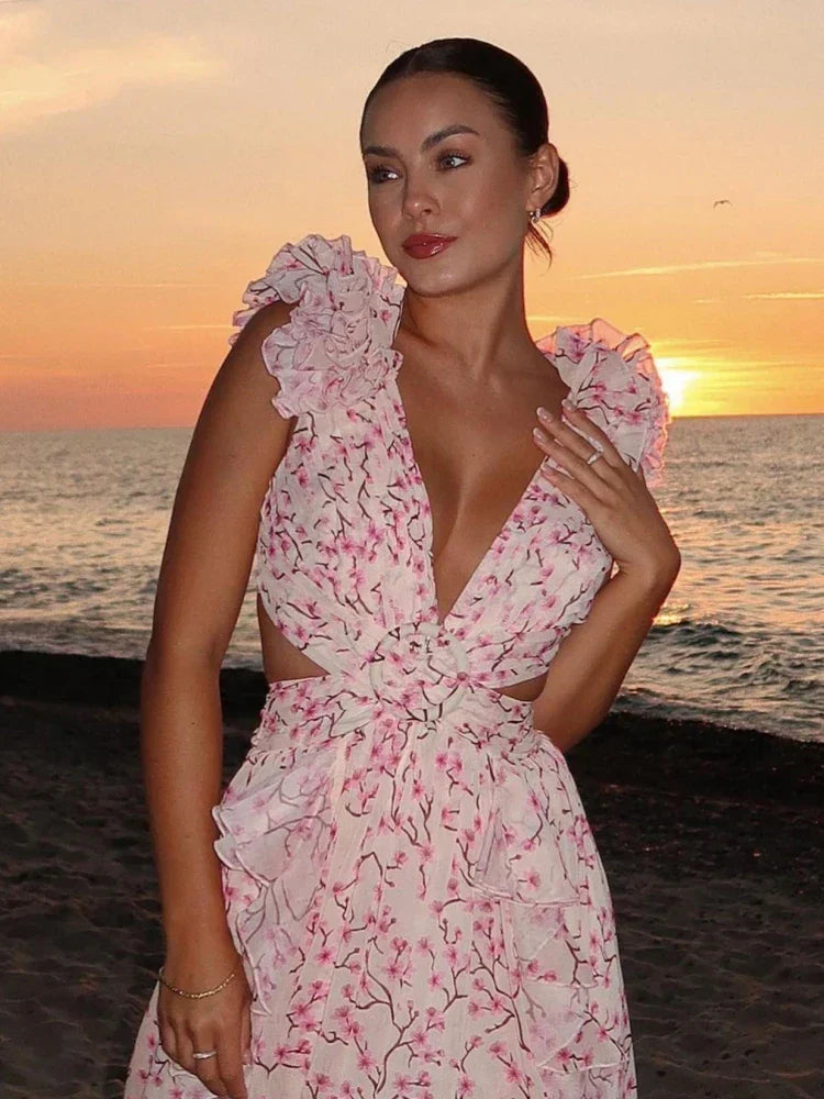 Rückenfreies Maxikleid für Damen mit Rüschen und Blumenmuster