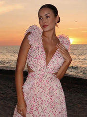 Rückenfreies Maxikleid für Damen mit Rüschen und Blumenmuster