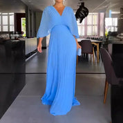 Plissiertes Chiffon-Maxikleid für Damen mit V-Ausschnitt und Fledermausärmeln