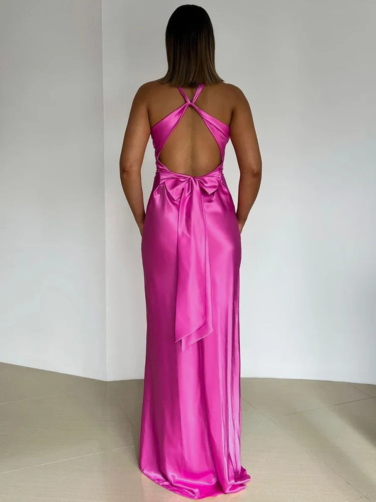 Satin Maxikleid für Damen mit Neckholder-Ausschnitt und ohne Ärmel