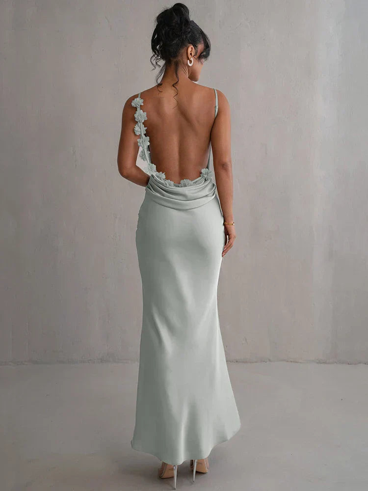 Satin-Maxikleid für Damen mit Rückenausschnitt und Wasserfallausschnitt für Abendgarderobe