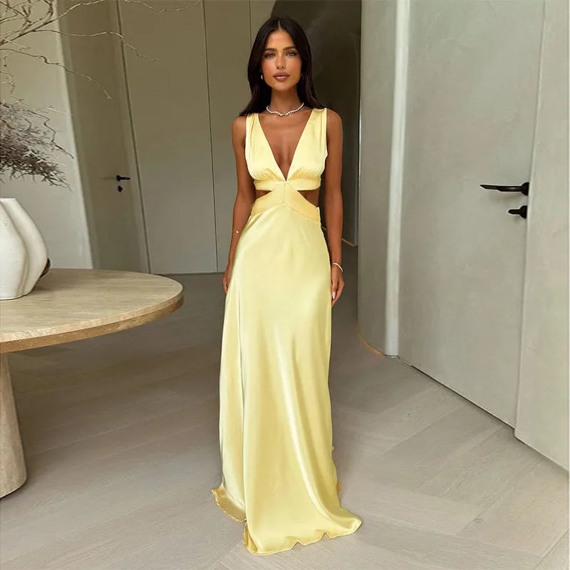 Formelles Maxikleid für Damen mit Cut-Out-Taille und Satin-Finish