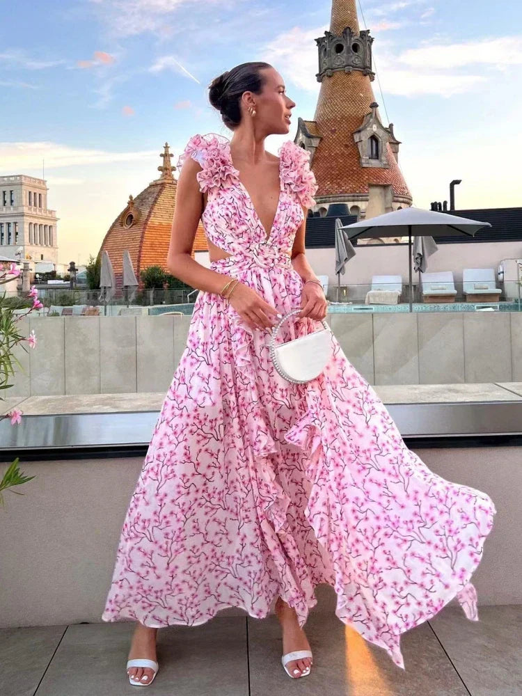 Rückenfreies Maxikleid für Damen mit Rüschen und Blumenmuster