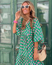 Boho-Maxikleid für Damen mit Blumenmuster, Puffärmeln und Stufensrock