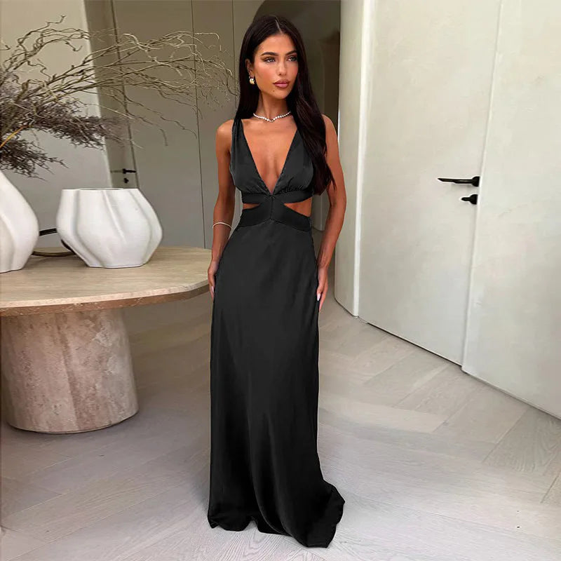 Formelles Maxikleid für Damen mit Cut-Out-Taille und Satin-Finish