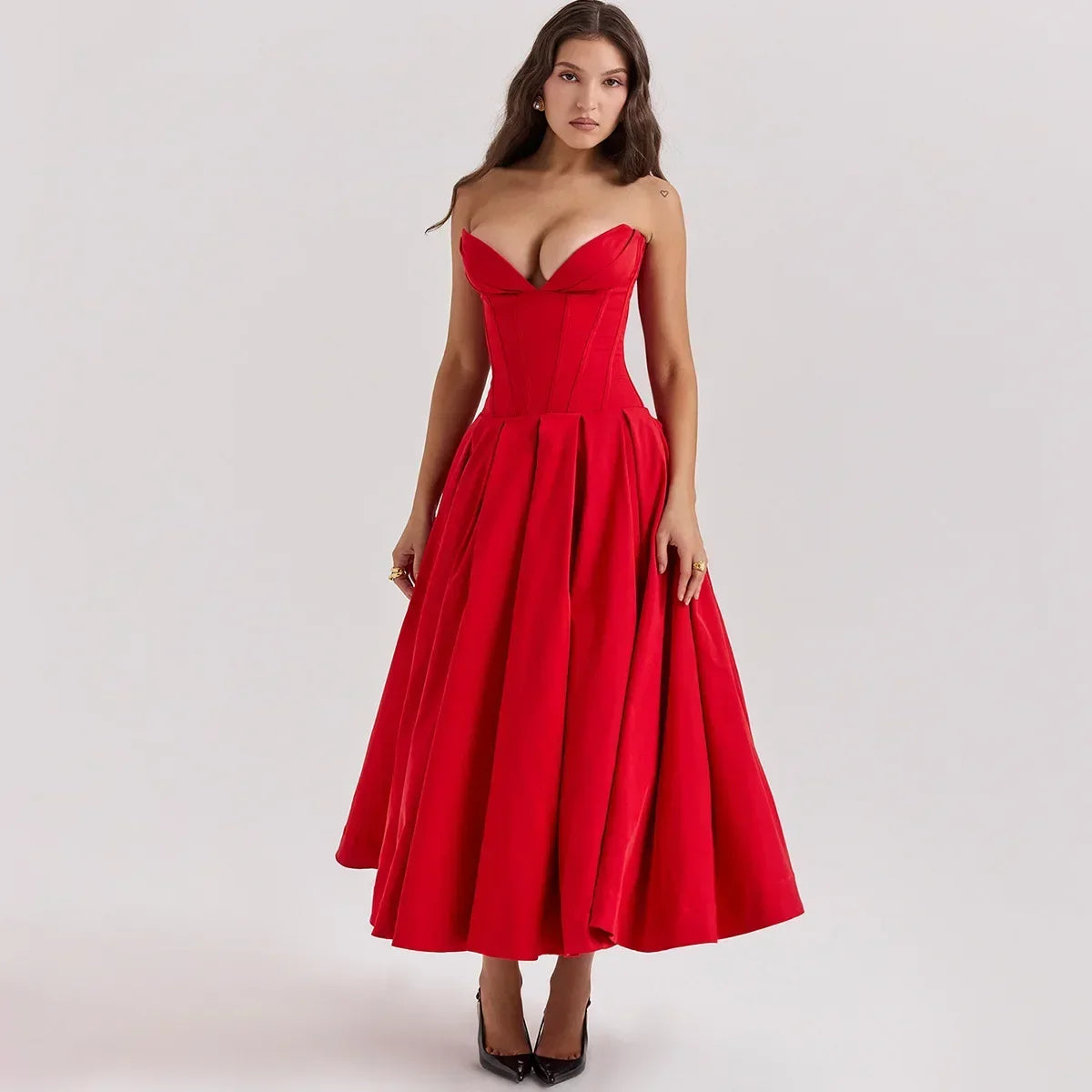 Damen-Midikleid aus rotem Polyester-Mischgewebe mit Plissee und trägerlosem Ausschnitt