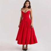 Damen-Midikleid aus rotem Polyester-Mischgewebe mit Plissee und trägerlosem Ausschnitt