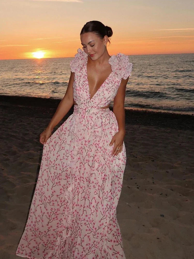 Rückenfreies Maxikleid für Damen mit Rüschen und Blumenmuster
