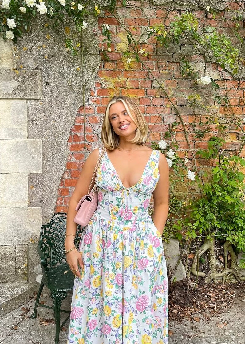 Ärmelloses Midikleid aus Baumwolle mit Blumenmuster und Taschen für Damen