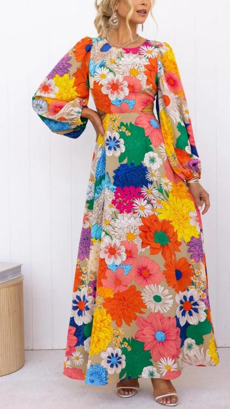 Maxikleid aus Baumwolle mit Blumenmuster und langen Puffärmeln für Damen