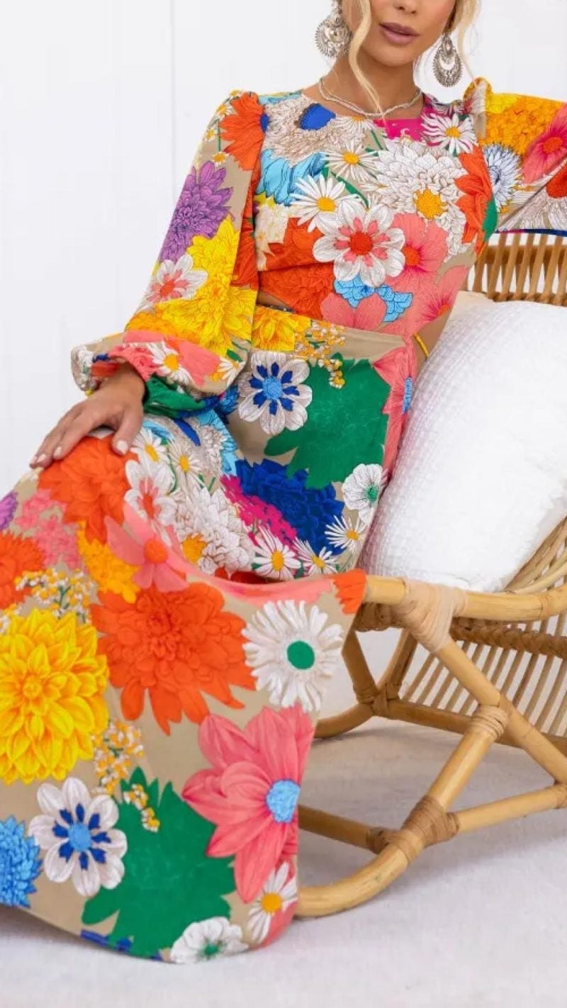 Maxikleid aus Baumwolle mit Blumenmuster und langen Puffärmeln für Damen