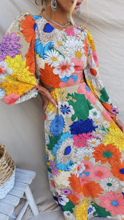 Maxikleid aus Baumwolle mit Blumenmuster und langen Puffärmeln für Damen