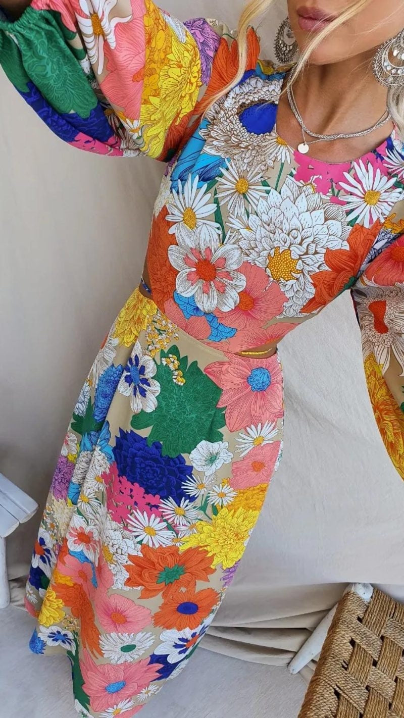 Maxikleid aus Baumwolle mit Blumenmuster und langen Puffärmeln für Damen