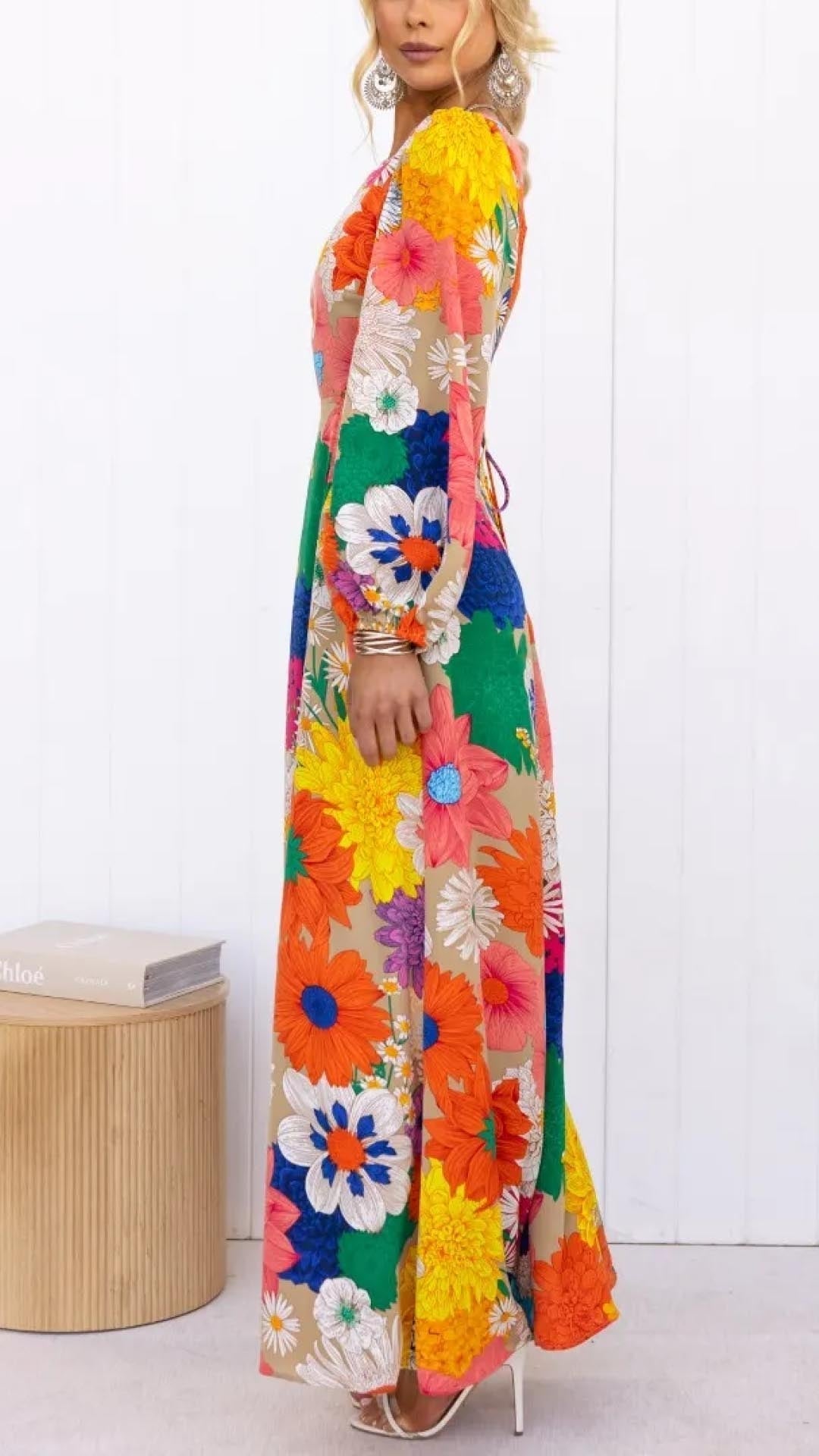 Maxikleid aus Baumwolle mit Blumenmuster und langen Puffärmeln für Damen