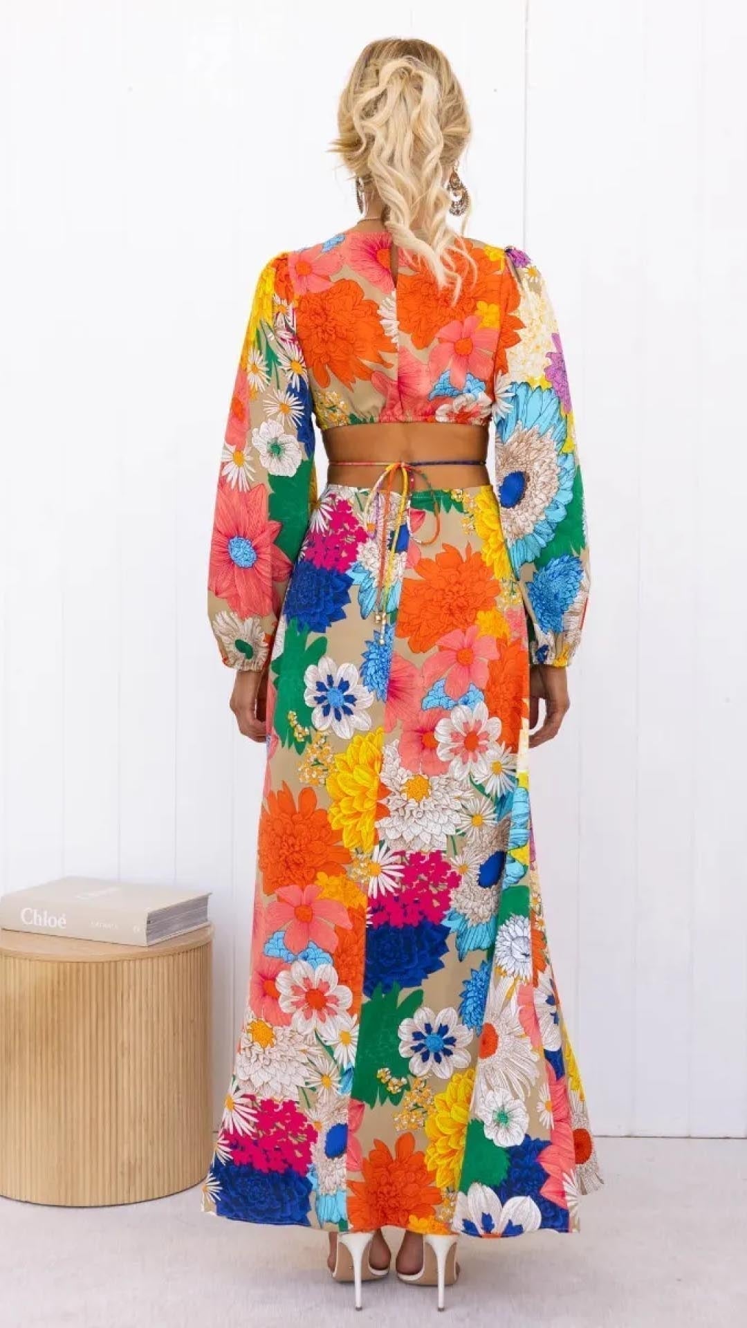 Maxikleid aus Baumwolle mit Blumenmuster und langen Puffärmeln für Damen