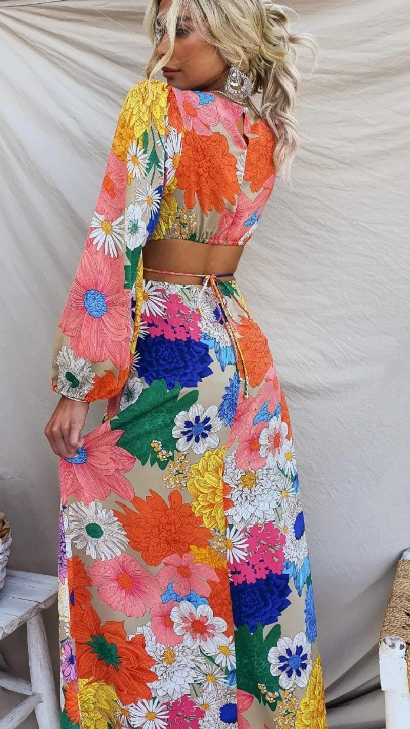 Maxikleid aus Baumwolle mit Blumenmuster und langen Puffärmeln für Damen
