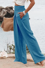 Damen Sommerhose mit weitem Bein, hoher Taille und Taschen