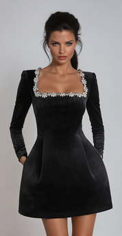 Langärmeliges Minikleid aus Samt für Damen mit quadratischem Ausschnitt