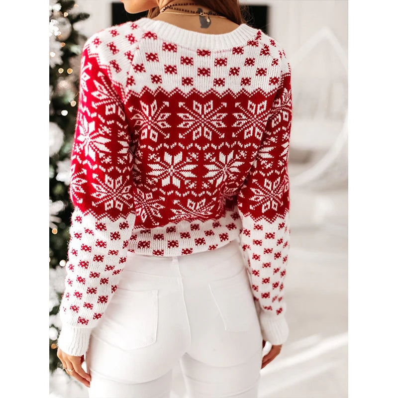 Weihnachts Pullover für Damen mit Schneeflocken-Motiv und Rundhalsausschnitt