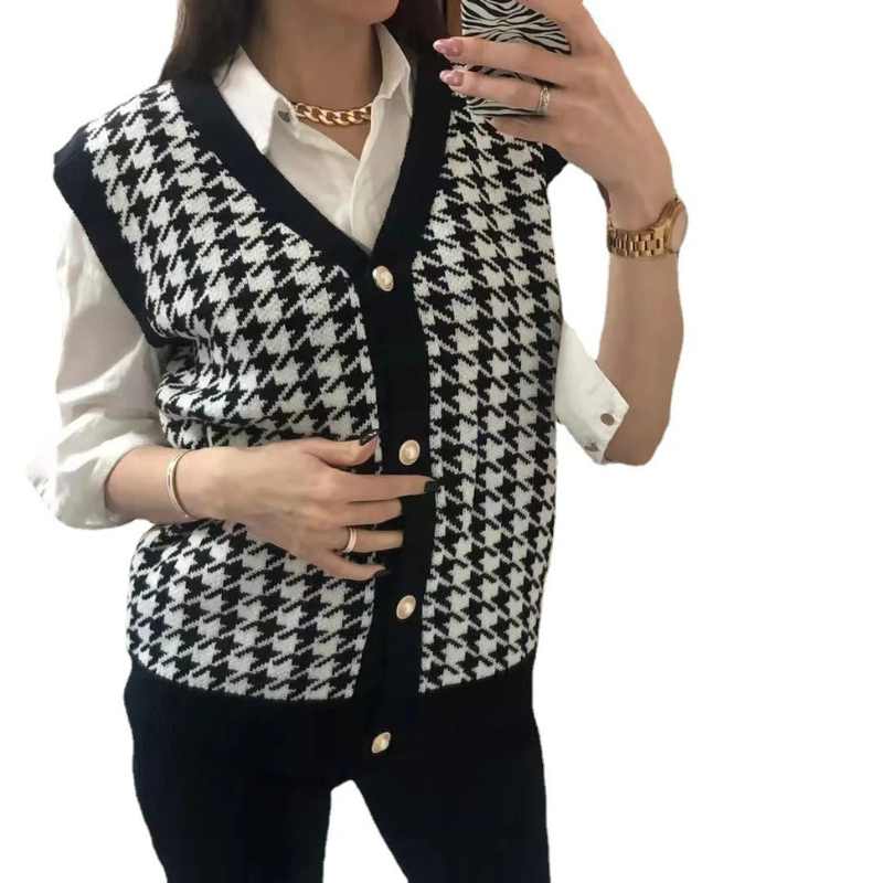 Weste aus Strick mit Hahnentrittmuster und Knopfdetails für Damen