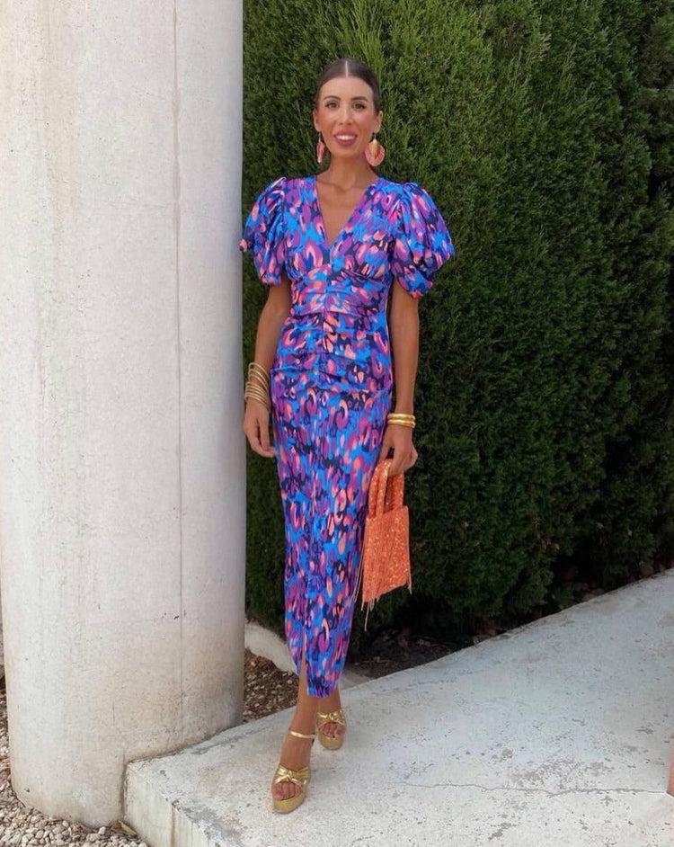 Midi-Kleid für Damen mit Puffärmeln, figurbetontem Schnitt und gedrehter Taille