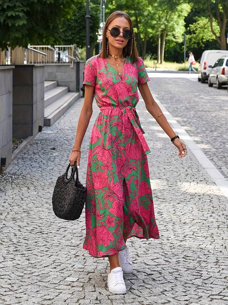 Wickel-Midikleid mit kurzen Ärmeln und Taillengürtel für Damen
