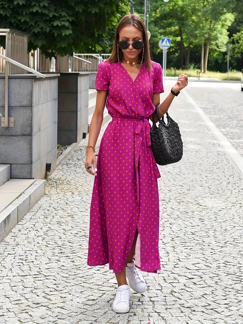 Wickel-Midikleid mit kurzen Ärmeln und Taillengürtel für Damen