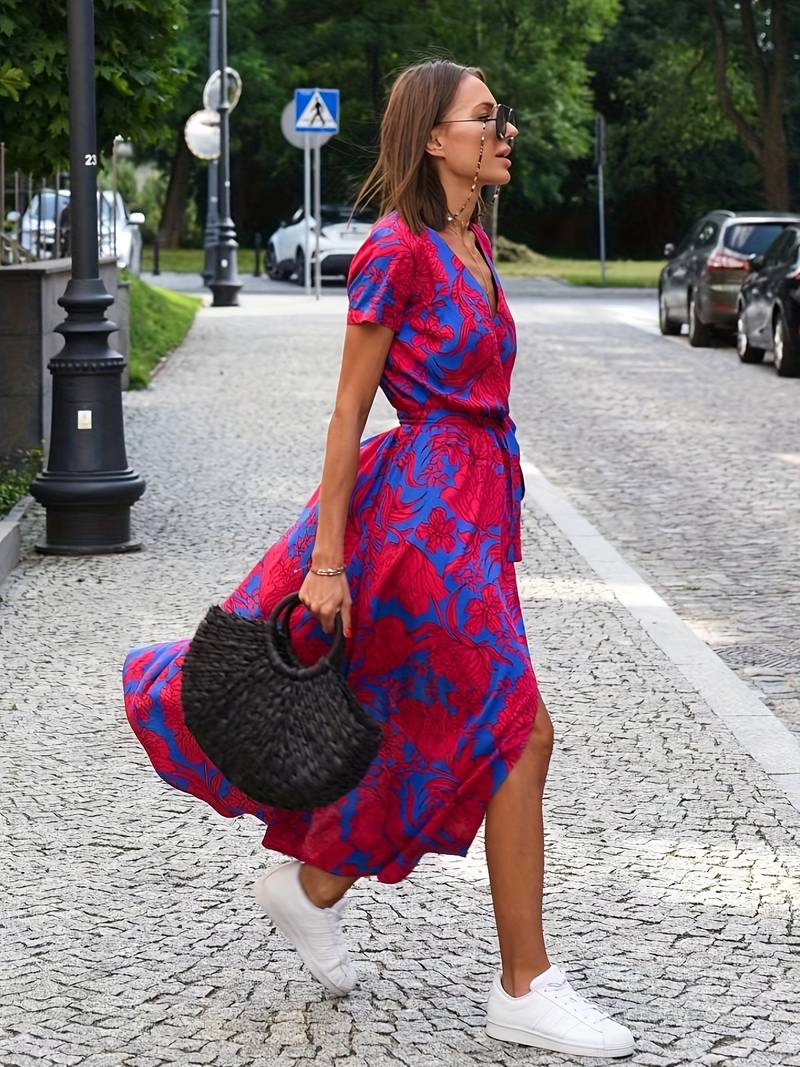 Wickel-Midikleid mit kurzen Ärmeln und Taillengürtel für Damen