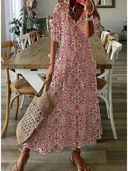 Frauen Maxi Kleid mit V Ausschnitt und Kordelzug Taillenbund