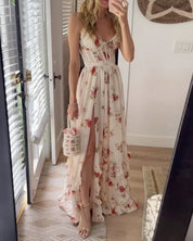 Ärmelloses Damen-Maxikleid mit Blumenmuster, Schlitz und Rüschen-Saum